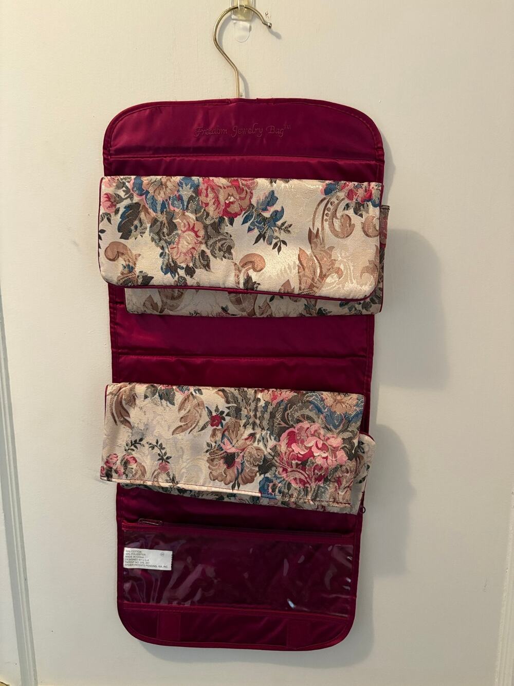 Vintage 1980s/90s Freedom Jewelry Bag Floral Tapestry Hanging Travel Organizer